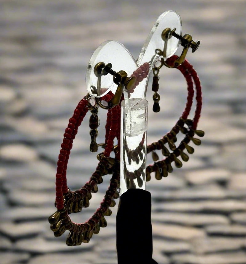 Clip on 3" brass and burgundy seed bead dangle hoop earrings