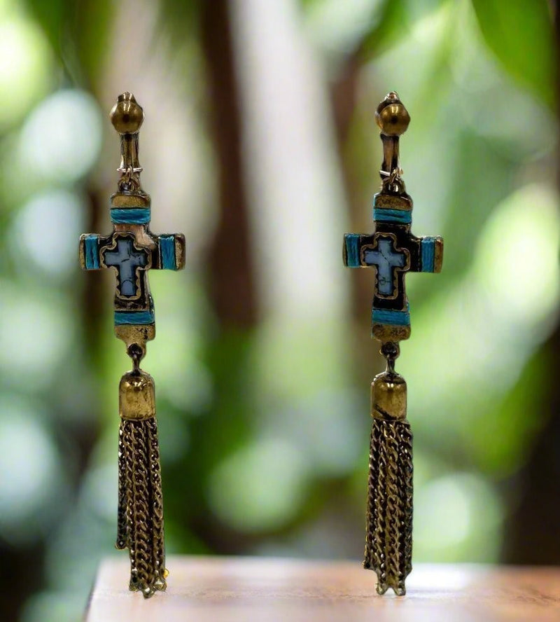 Clip on 3 1/2" brass chain and cross dangle earrings w/turquoise strings