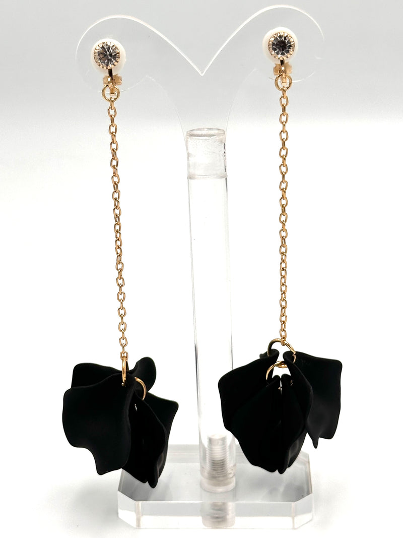 Clip on 4 1/2" Xlong gold chain earrings with black petals and clear stone