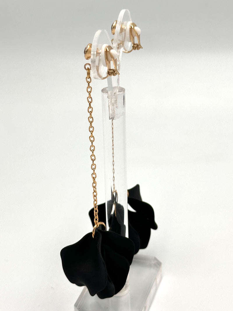 Clip on 4 1/2" Xlong gold chain earrings with black petals and clear stone