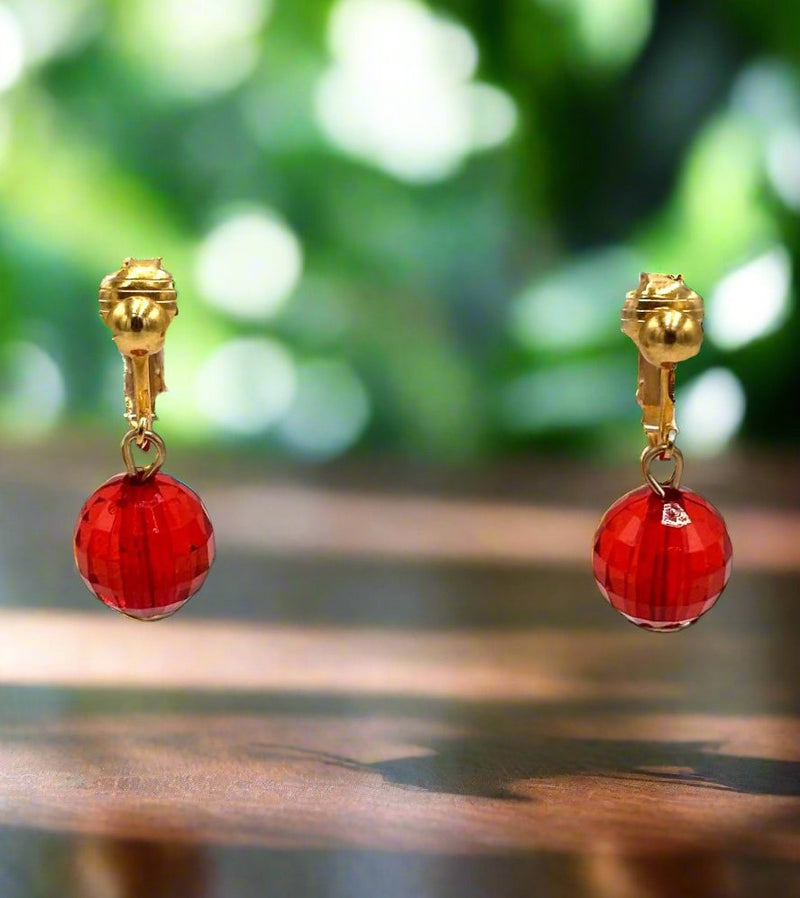 Clip on 1 1/4" gold and red bead dangle earrings