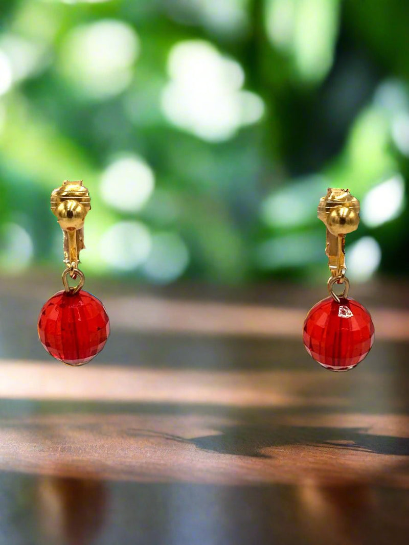 Clip on 1 1/4" gold and red bead dangle earrings