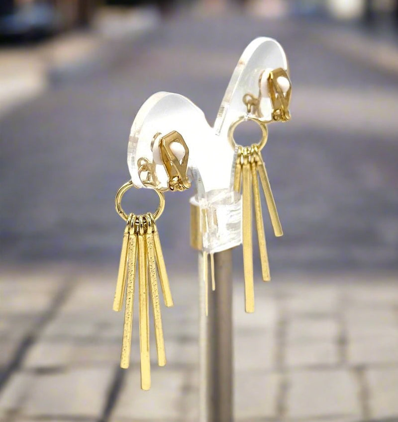 Clip on 2 1/2" textured gold graduated stick earrings