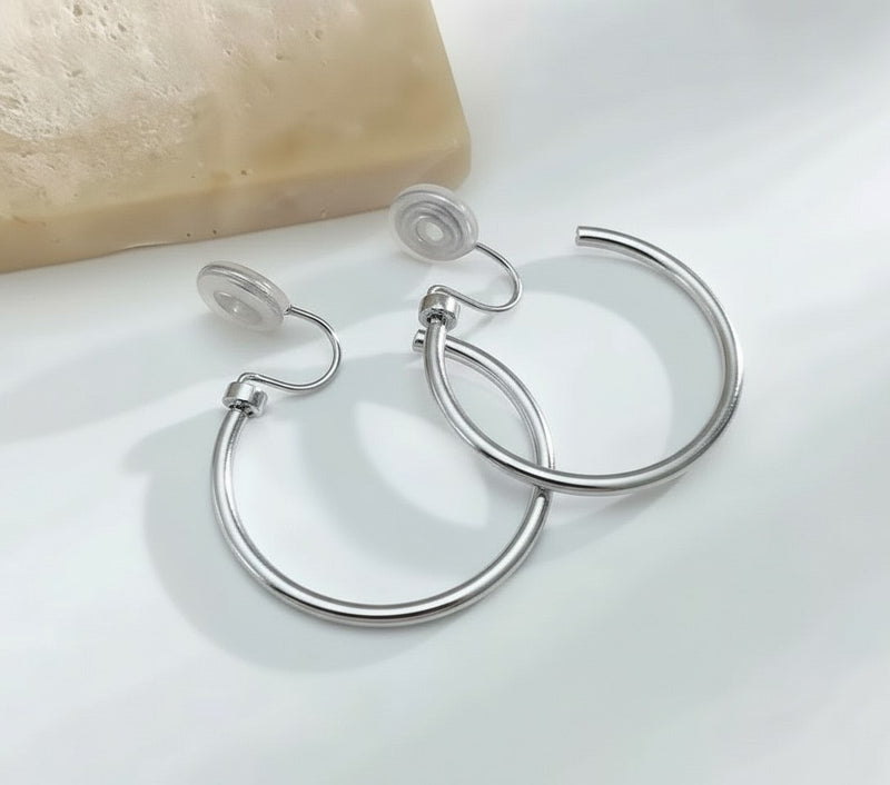 Clip on 1 3/4" comfort fit lightweight silver open back dangle hoop earrings