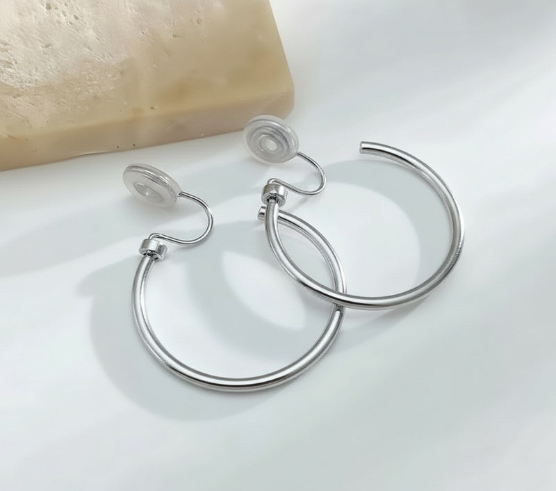 Clip on 1 3/4" comfort fit lightweight silver open back dangle hoop earrings