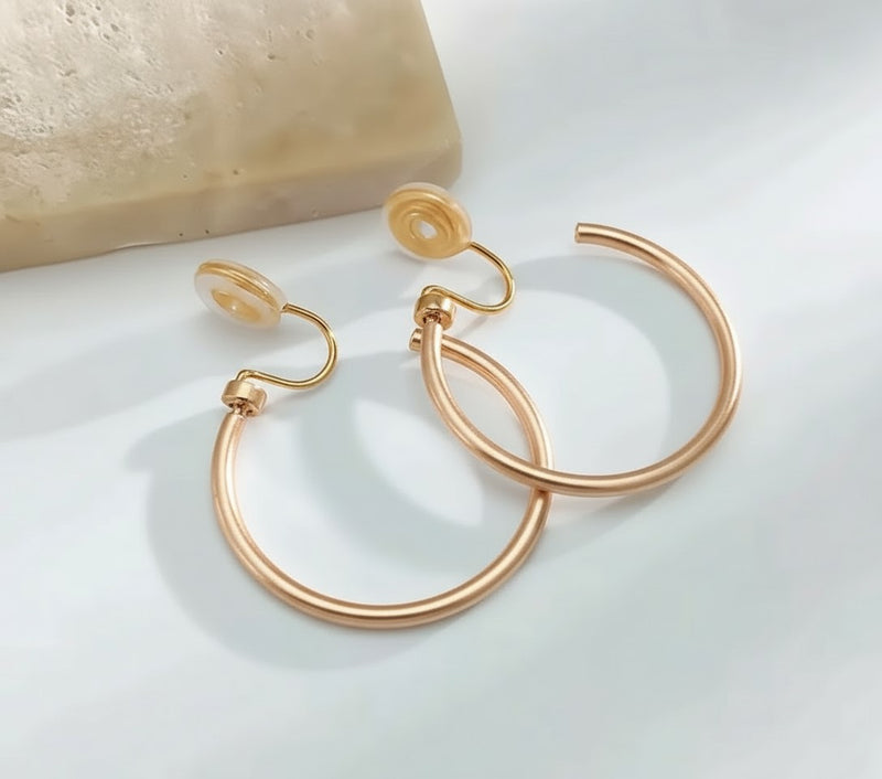 Clip on 1 1/4" comfort fit lightweight gold open back dangle hoop earrings