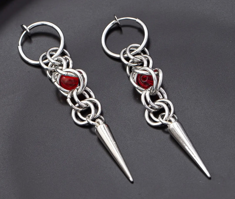 Clip on 3" silver hoop and chain earrings with red stone and spike