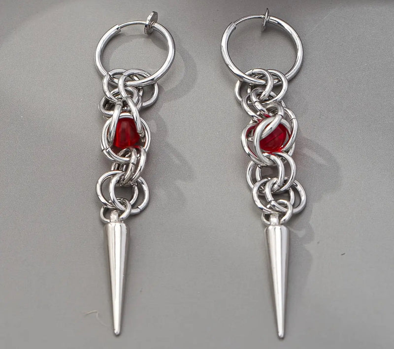 Clip on 3" silver hoop and chain earrings with red stone and spike