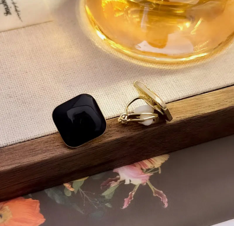 Clip on 1/2" small gold and black square button style earrings