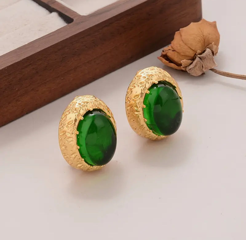 Clip on 1" gold and green stone oval button style earrings