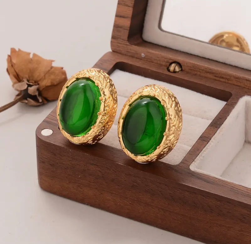 Clip on 1" gold and green stone oval button style earrings