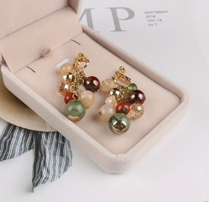 Clip on 2" gold and green multi colored cluster bead dangle earrings