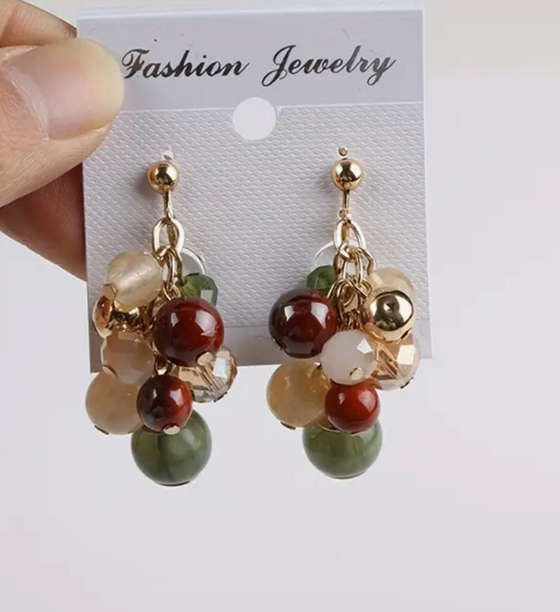 Clip on 2" gold and green multi colored cluster bead dangle earrings