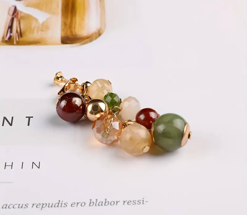Clip on 2" gold and green multi colored cluster bead dangle earrings