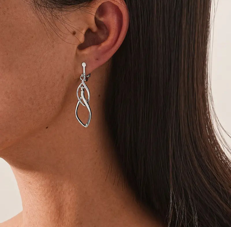 Clip on 1 3/4" silver twisted dangle pointed screw back earrings