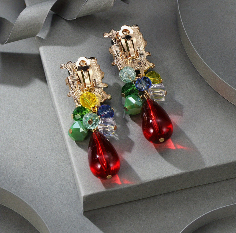 Clip on 2 3/4" gold and red multi colored dangle bead earrings