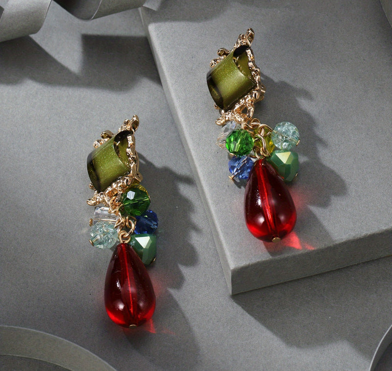 Clip on 2 3/4" gold and red multi colored dangle bead earrings