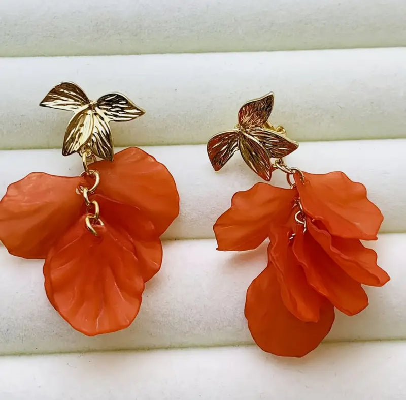 Clip on 2 1/4" gold leaf dangle orange leaf dangle earrings