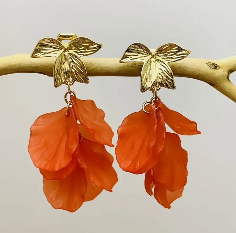 Clip on 2 1/4" gold leaf dangle orange leaf dangle earrings