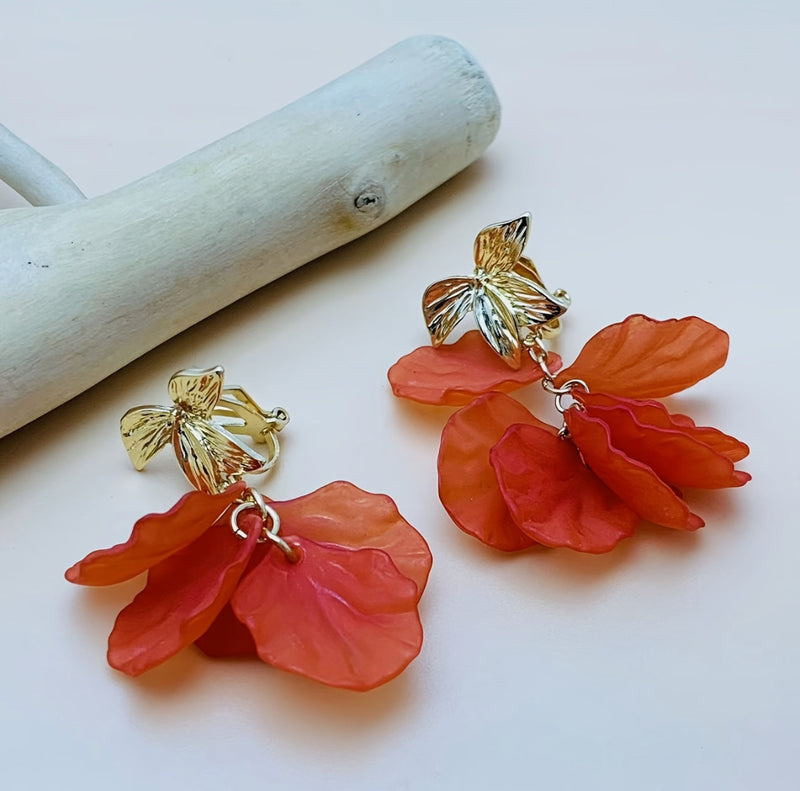 Clip on 2 1/4" gold leaf dangle orange leaf dangle earrings