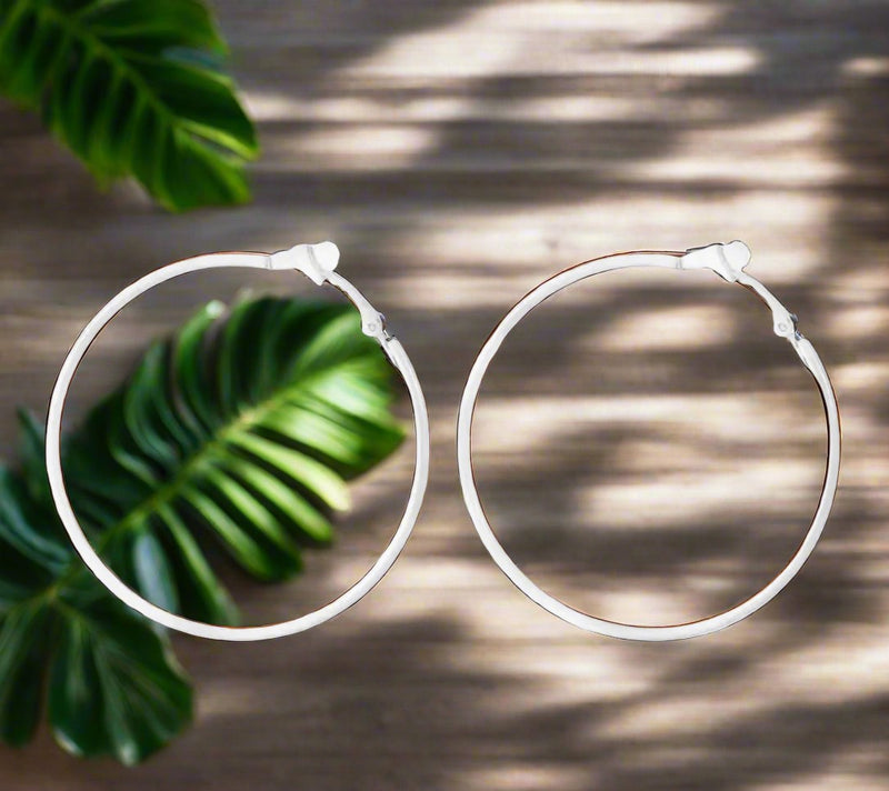 Trendy 2 1/2" clip on white thin wire hoop earrings