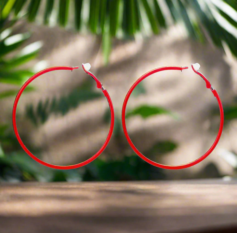 Trendy 2 1/2" clip on red thin wire hoop earrings