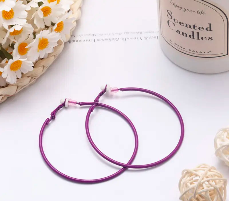 Trendy 2 1/2" clip on purple thin wire hoop earrings