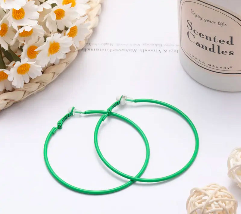 Trendy 2 1/2" clip on green thin wire hoop earrings