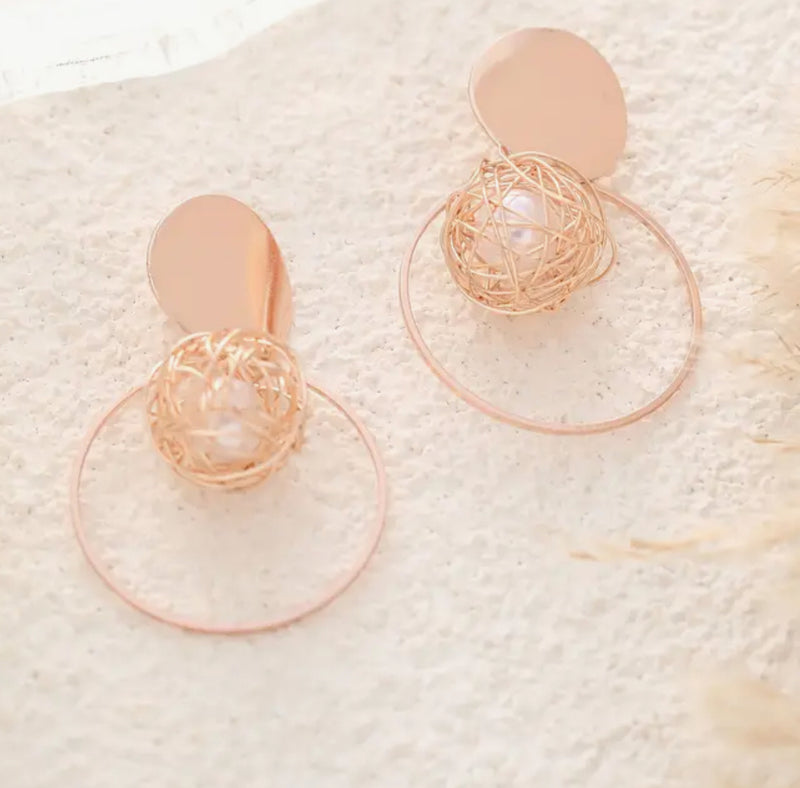 Clip on rose 2 1/4" gold wire ball hoop earrings with white pearl