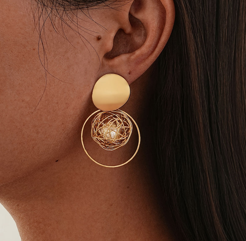 Clip on rose 2 1/4" gold wire ball hoop earrings with white pearl