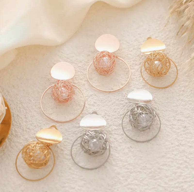 Clip on rose 2 1/4" gold wire ball hoop earrings with white pearl