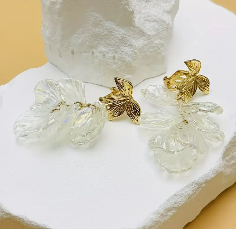 Clip on 2" gold leaf dangle iridescent clear leaf dangle earrings