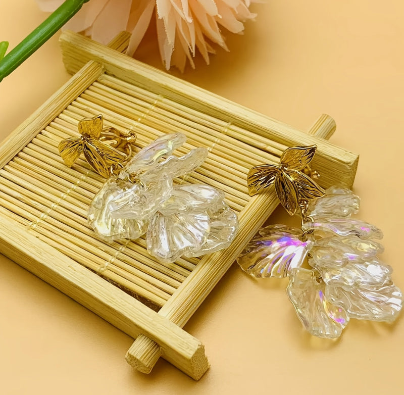 Clip on 2" gold leaf dangle iridescent clear leaf dangle earrings