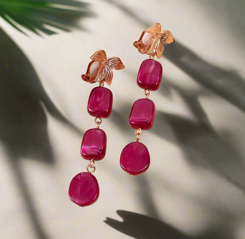 Clip on 2 3/4" gold leaf and pink odd shaped dangle bead earrings