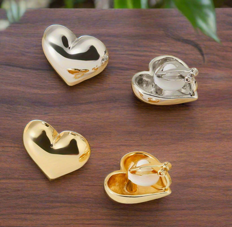 Clip on 3/4" shiny gold heart button style earrings