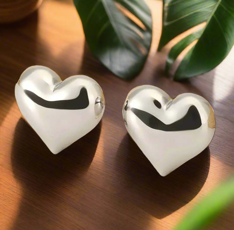 Clip on 3/4" shiny silver heart button style earrings