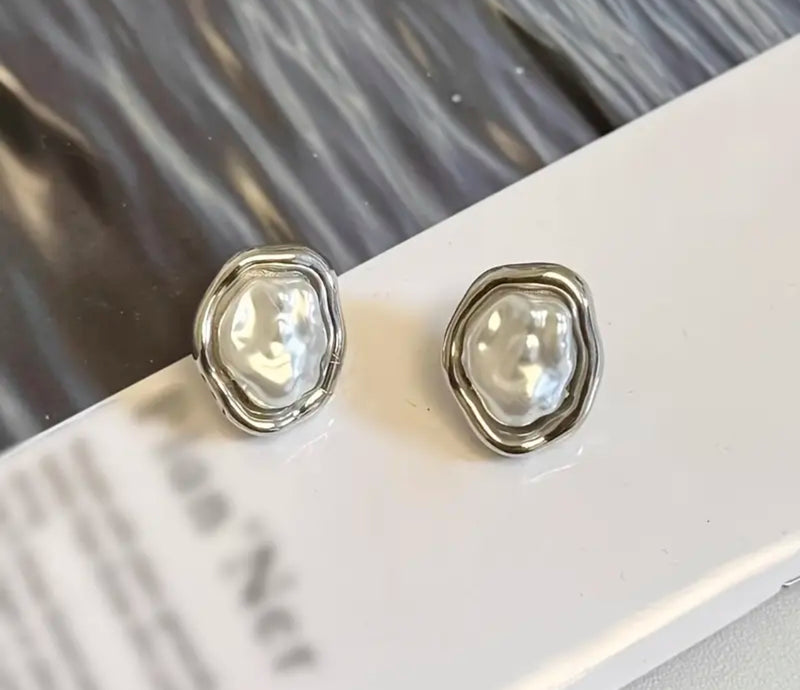 Clip on 3/4" small silver wrinkled white pearl button style earrings