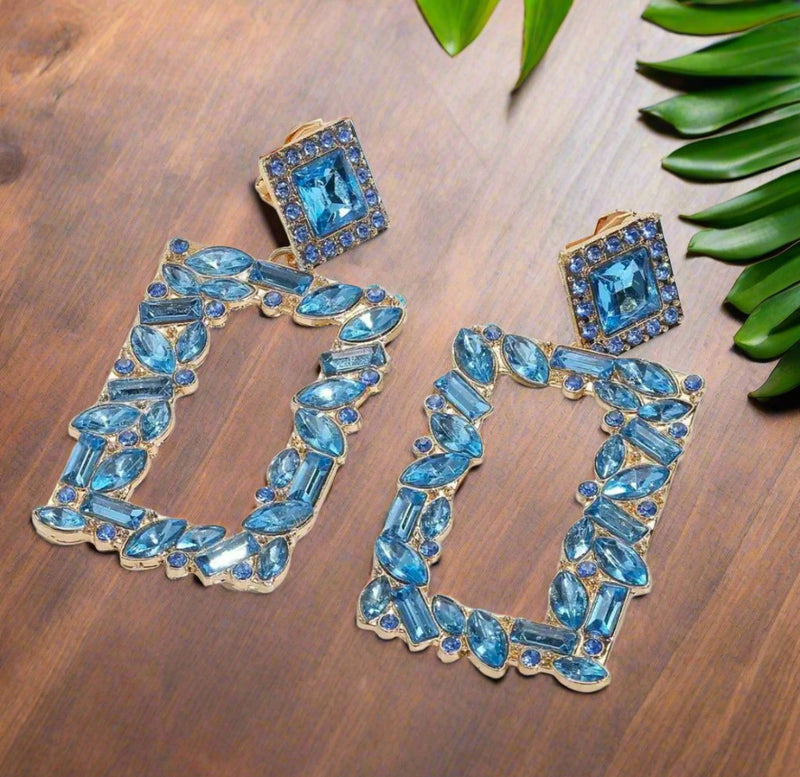 Clip on 2 3/4" lg gold and blue multi shaped stone dangle square earrings