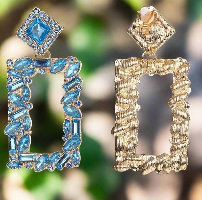 Clip on 2 3/4" lg gold and blue multi shaped stone dangle square earrings