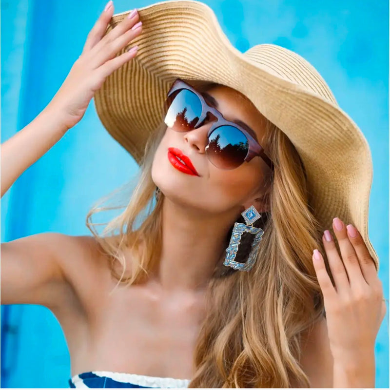 Clip on 2 3/4" lg gold and blue multi shaped stone dangle square earrings