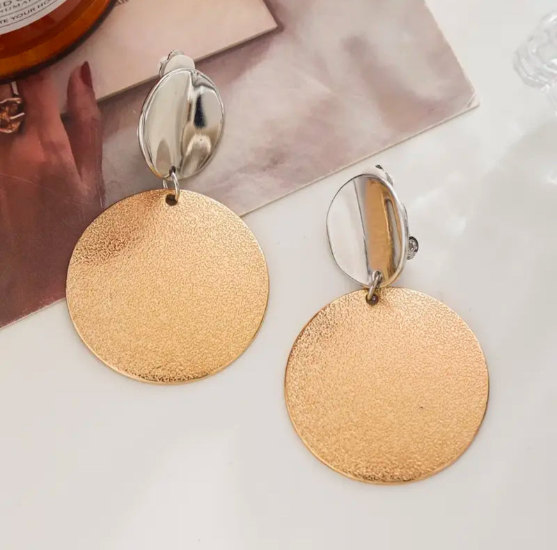 Clip on 2 1/4" silver and textured gold double circle dangle earrings