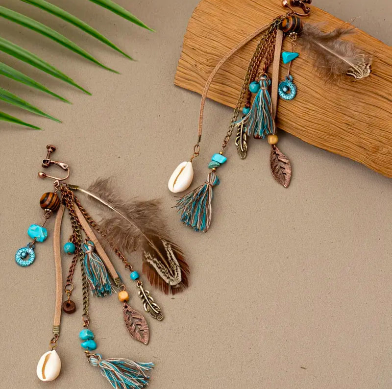 Clip on 5 1/2" Xlong copper, turquoise stone dangle feather & string earrings