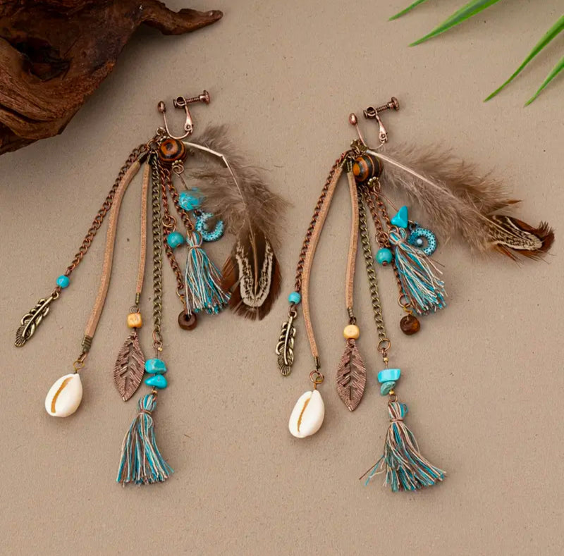 Clip on 5 1/2" Xlong copper, turquoise stone dangle feather & string earrings