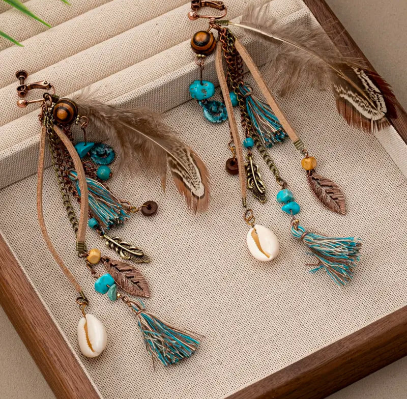 Clip on 5 1/2" Xlong copper, turquoise stone dangle feather & string earrings