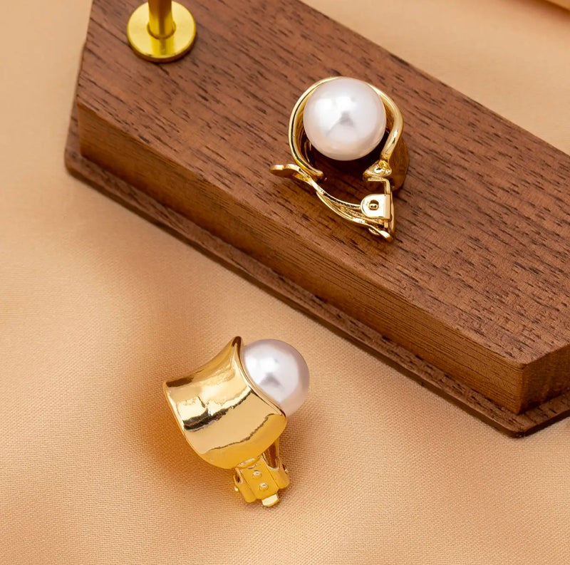 Clip on 3/4" gold and white side pearl button style earrings