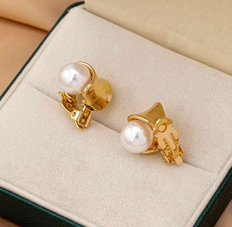 Clip on 3/4" gold and white side pearl button style earrings