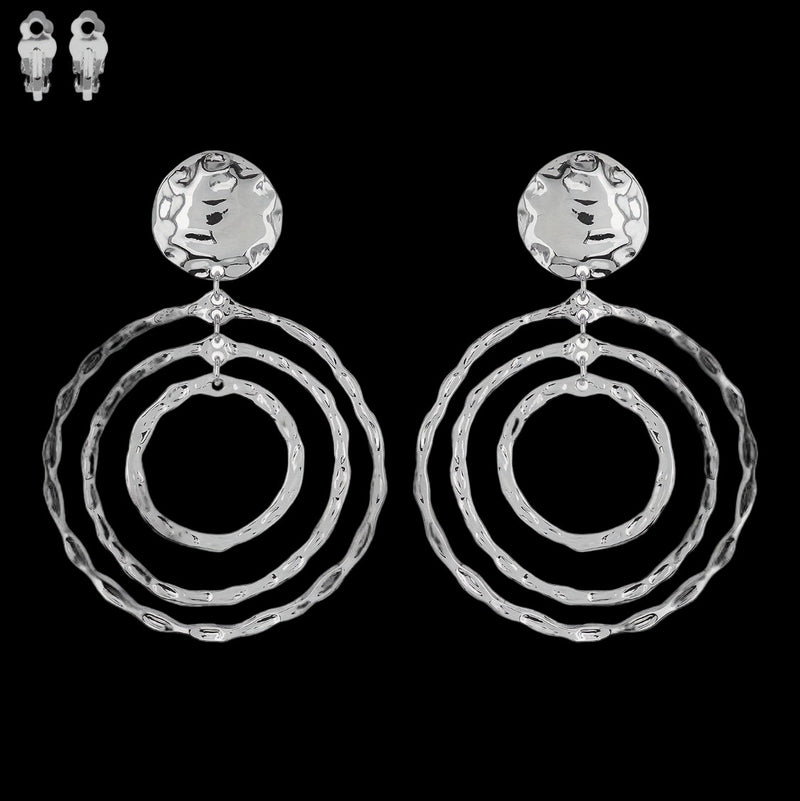 Clip on 3 1/2" Xlarge silver hammered multi hoop dangle earrings