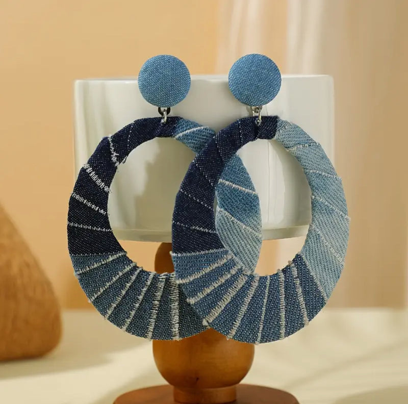 Pierced 3 3/4" XL silver and multi colored shade blue jean hoop earrings