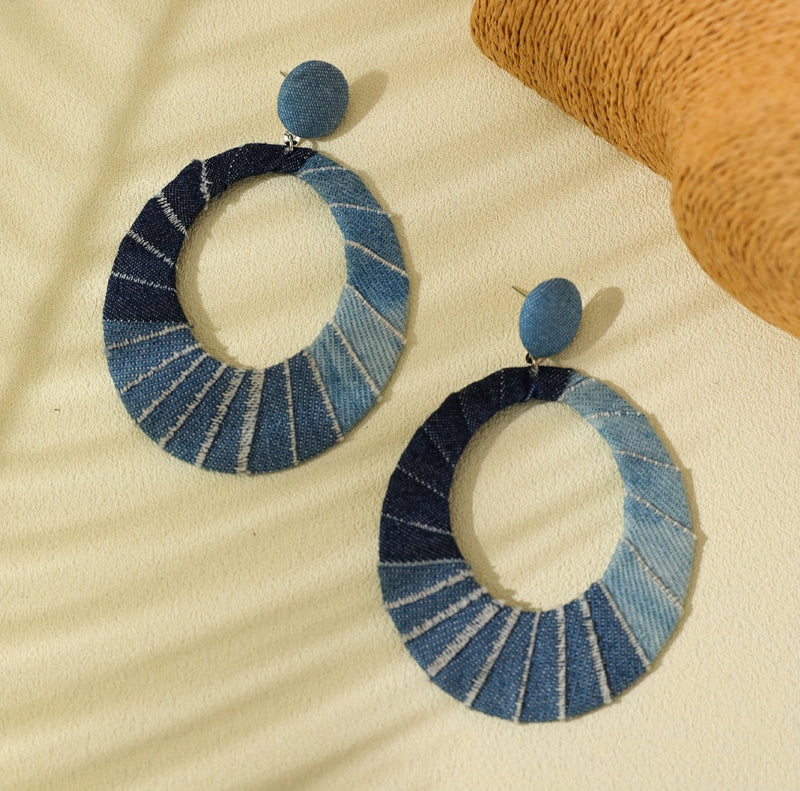 Pierced 3 3/4" XL silver and multi colored shade blue jean hoop earrings