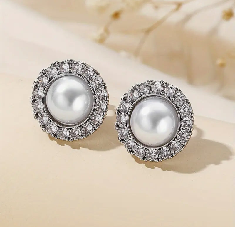 Clip on 3/4" small silver and pearl round earrings with clear stone edges